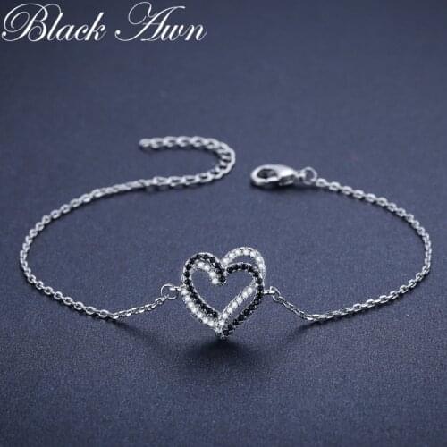 [Black Awn] Hot Heart 925 Sterling Silver Charm Bracelet Women Wedding Jewelry B003