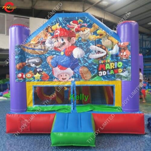 Free air shipping inflatable bouncer with cartoon banner, high quality inflatable bouncy castle with slide and obstacles