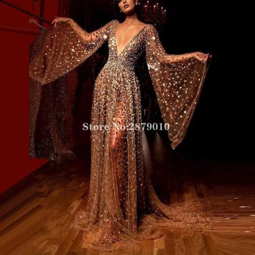 Sparkly V-Neck Evening Dress A-Line Floor-Length Formal Dress Prom Dress Robe De Soiree Aibye Sequins Vestido de festa Dubai