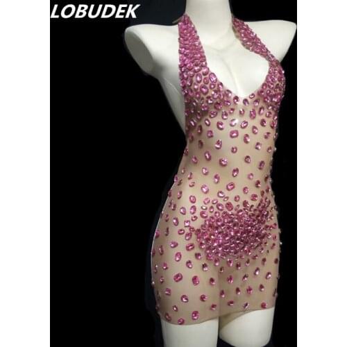 Big Rhinestone Transparent Pink Mesh Bonycon Mini Dress Women Bar Club Party Sexy Backless Outfit Nightclub Stage Singer Costume
