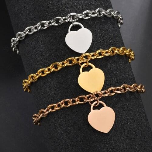 Rose Gold Silver Color Men Women Bracelet Christmas Gifts Heart Pendant Stainless Steel Bracelet Jewelry Pulseras 20cm