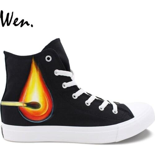 Wen Design Match Electric Bulb Hand Painted Black Shoes High Top Man Womans Canvas Sneakers Lace up Gym Trainers Plimsolls