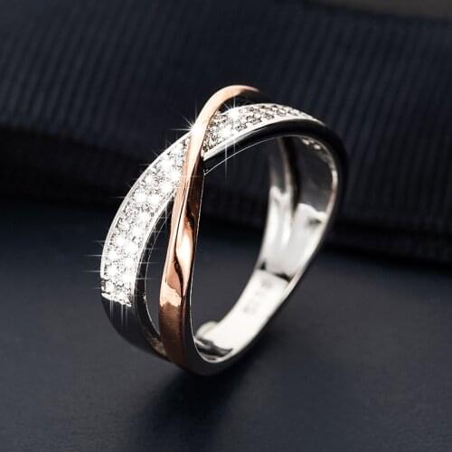 Classic Two Tone X Crossing Finger Rings Female Fashion Micro Paved CZ Crystal Rings Women Silver Color Wedding Rings Jewelry