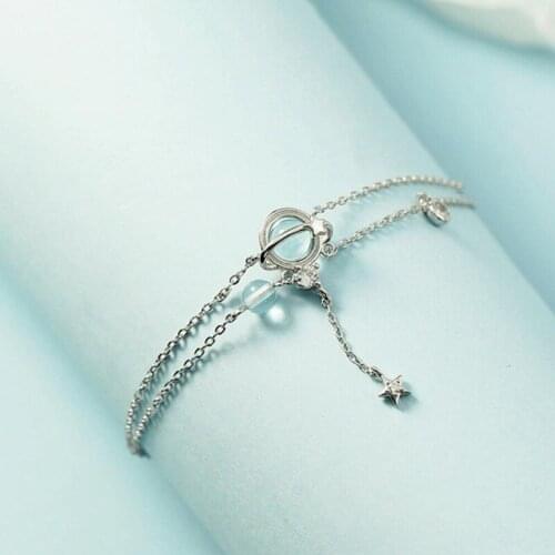 KOFSAC Women Bracelets 925 Sterling Silver Jewelry Trendy Crystal Blue Dream Planet Star Tassel Bracelet Girl Student Gifts New