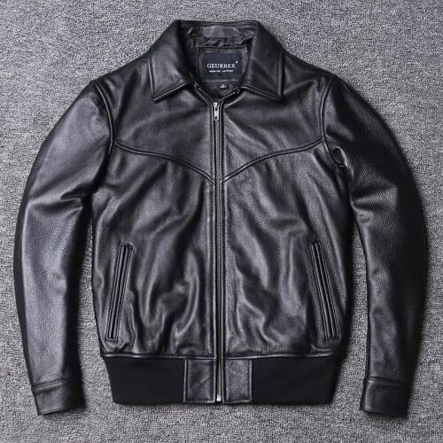Free Shipping 2021 New Genuine Leather Jacket Mens Natural Cowhide Leather Coat Short Fit Lapel Baseball Suit Clothing