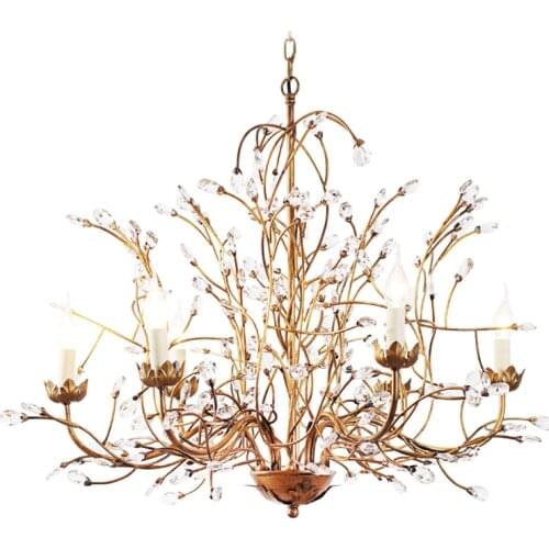 Tree Branch CHANDELIER 6-ARM AGED BRASS FINISH Country Style Iron Lustre K9 Crystal Vintage Lights Lamp