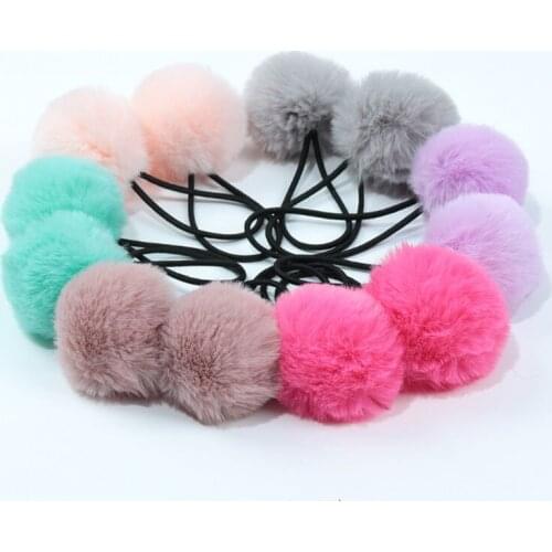 2PCs Cute Elastic Hair Rope 5cm Faux Rabbit Fur Pompoms Rubber Elastic Hair Bands Hand Made Ball Hair Scrunchies for Girl Women