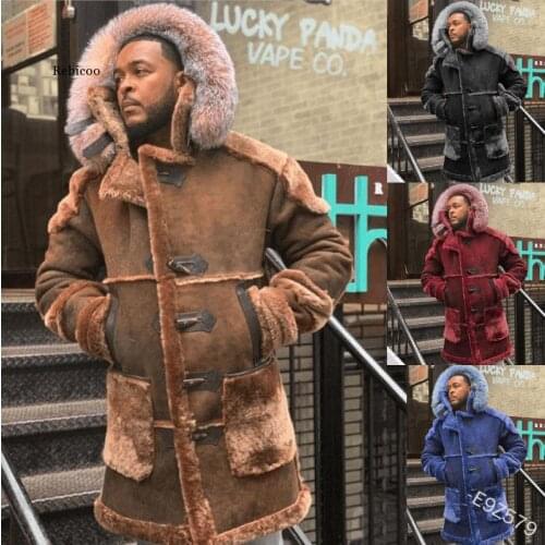Winter Mens Fashion Long Sleeve Fur Thicken Warm Shearling Coat Men Faux Suede Hooded Jacket Outwear