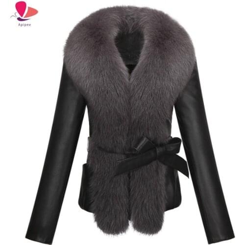 APIPEE New 2020 Winter Fur Coat Faux Fur Rabbit Fur Fox Fur Collar Long Leather Women Large Size Coat Outwear