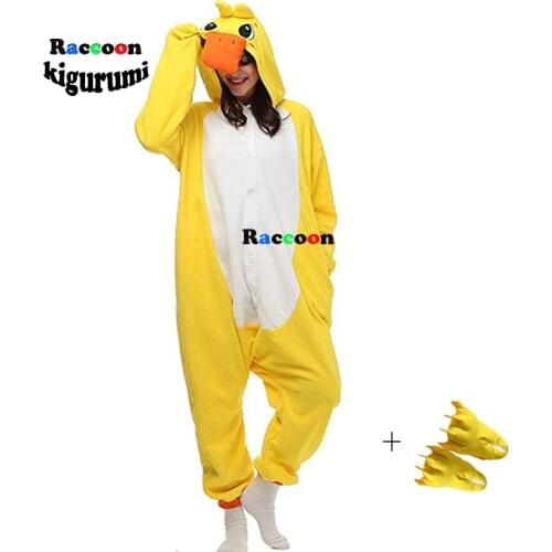 Anime Yellow Duckling Onesie Pajama Fleece Jumpsuit Funny Sleepwear Women Girl Pyjamas Outfit Fancy Suit Adults Raccoon Kigurumi
