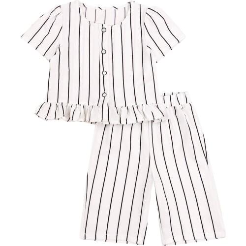 Infant Kids Baby Girls Casual 2Pcs Clothes Set White Stripe Printed Pattern Short Sleeve Tops and Elastic Waist Shorts