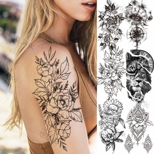 Realistic Flowers Temporary Tattoos For Women Girl Sunflower Snake Peony Fake Tattoo Sticker Lion Compass Arm Leaf Tatoos