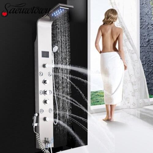 Rose Gold Shower Column Faucet Brushed Black Led Bathroom Shower System Shower Plate Massage System Temperature Display