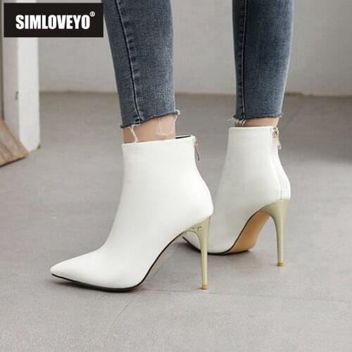 SIMLOVEYO New Women Ankle Boots Pointed Toe 10cm High Thin Heels Patent Leather Zip Sexy Slim Yellow Big Size 48 Winter A3280