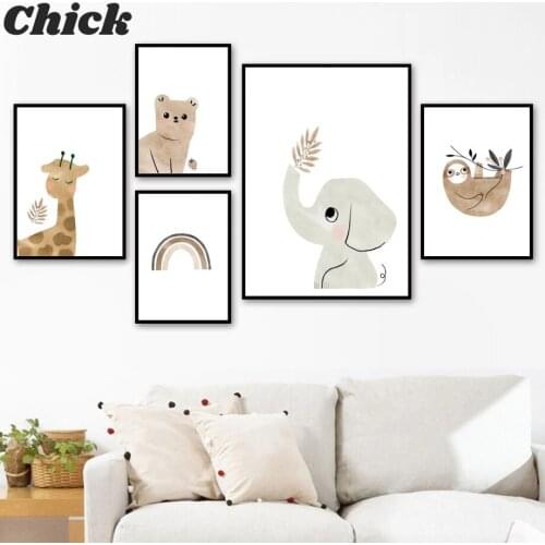 Nordic Posters And Prints Bear Elephant Giraffe Sloth Sun Rainbow Wall Art Canvas Painting Cartoon Wall Pictures Kids Room Decor