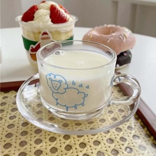 1Pcs New 180mL Cute Rabbit/Sheep Coffee Glass Cup with Glass Saucer Creative Cartoon Animal Milk Juice Water Breakfast Glass Mug
