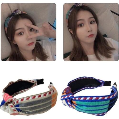 Women Color Block Striped Headband Chunky Twist Knot Knitted Stretch Hair Hoop