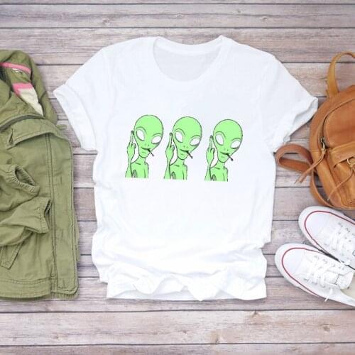Women 2021 Cute Cartoon Alien Cute 90s Print Short Sleeve Summer Shirt T-shirts Top T Stylish Summer Ladies Womens Tee T-Shirt