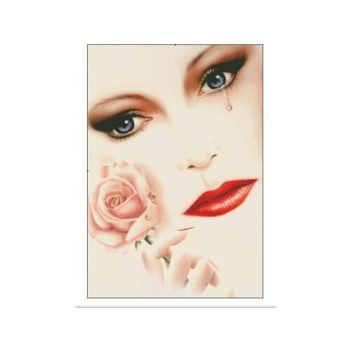 Unrequited Love Red lips Woman with Rose Embroidery Needlework DIY Cross Stitch Kits Top Quality 14CT Unprinted Decor Handmade