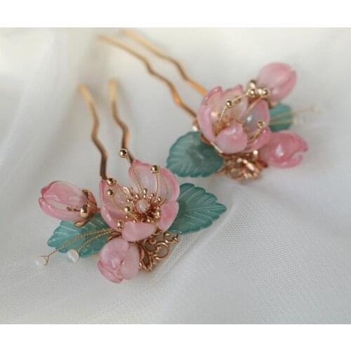 2021 New Original Design Chinese Hairpin Pink Blossom Flower Hair Pins For Women Hair Pin Bridal Headpiece Pince Cheveux Femme