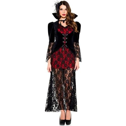 Sexy Lace Queen Vampire Role Play Clothing Women Vampire Costumes Cosplay Gothic Vampire Outfit Red Long Dress M40439