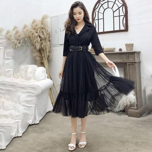 Notched Blazer Dress Women Black White Office Lady Mesh Patchwork Long Midi Dress with Belt Elegant Party Dress Autumn 2020 A390