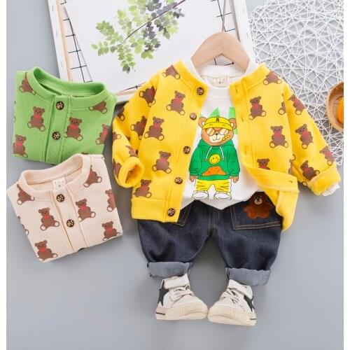 Kid Baby Boy Clothing Sets Cartoon Bear Coat 3PCS Fashion Toddler Girls Baby Suit for Boys Coat + T Shirt + Pants 1 - 4 Y