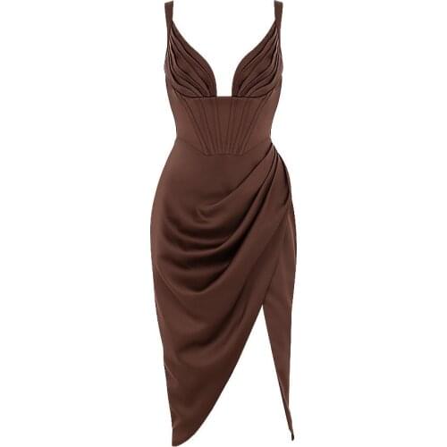 High quality Fully Lined Chocolate Duchess Satin Draped Midi Dress Deep V Neck Solid Sleeveless Elegant Celebrity Party Dress