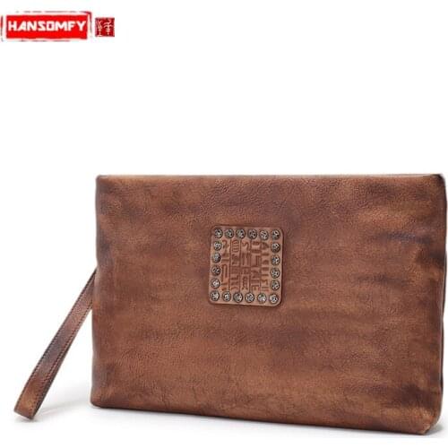 Big Clutch Bag Hand Bag Zipper Casual Envelope Bag New Retro Handmade Genuine Leather First Layer Leather Female Vintage Soft