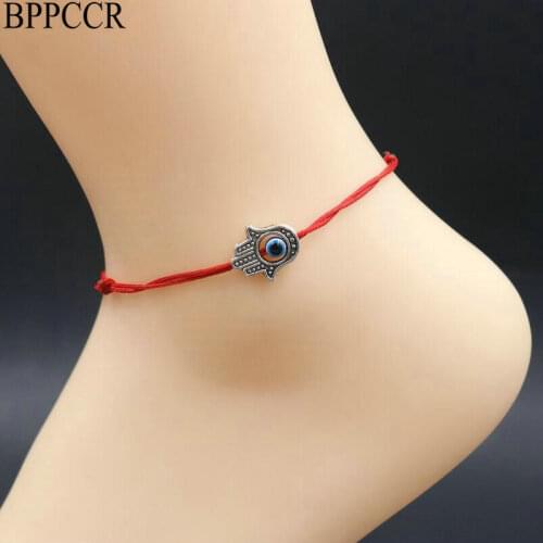 BPPCCR Lucky Fatima Hand Evil Eye Anklet For Women Handmade Thin Red Thread Barefoot Anklet Bracelet Bohemian Cheville Jewelry