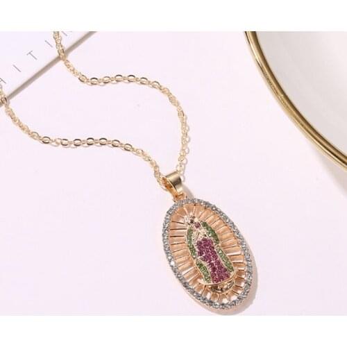 Virgin Mary Pendant Necklace Gold Bijoux Crystal Necklace Women Fashion Pendant Catholic Jewelry
