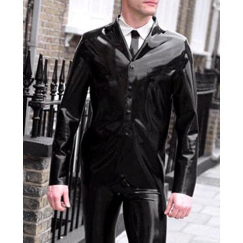 Dropshipping Fashion Black Latex Male Coat Fetish Rubber Jacket Gummi With Front Buttons Plus Size Handmade