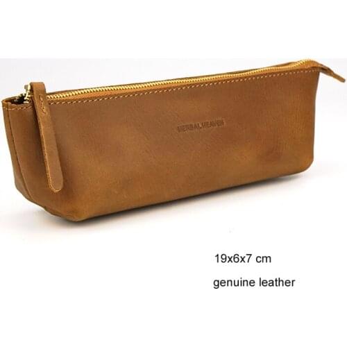 Personalized handmade genuine leather zipper pen bag pencil bag stationery organizer with large capacity for boys girls 1126