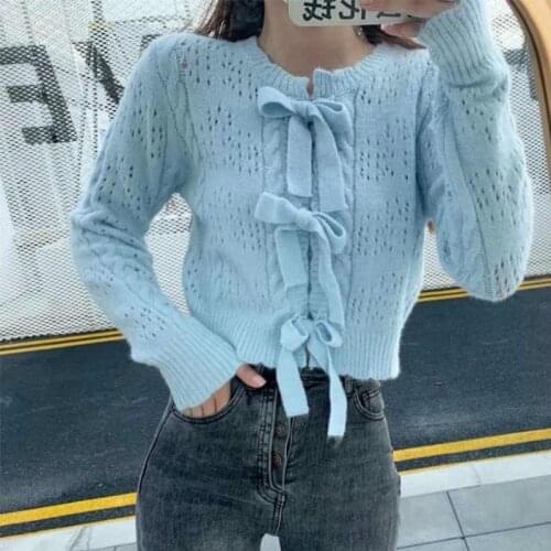 Korean fashion lace up bow tie sweaters kawaii women cardigan sweater mujer sueteres