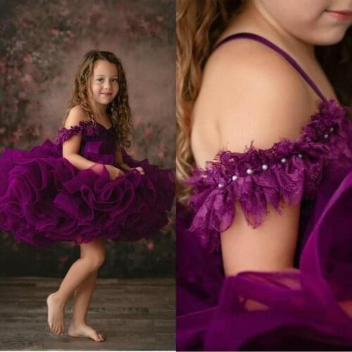 Lovely Puffy Ball Gown Girls Pageant Dresses Lace Off Shoulder Tiered Ruffles Party Birthday Gowns Flower Girl Dress For Wedding