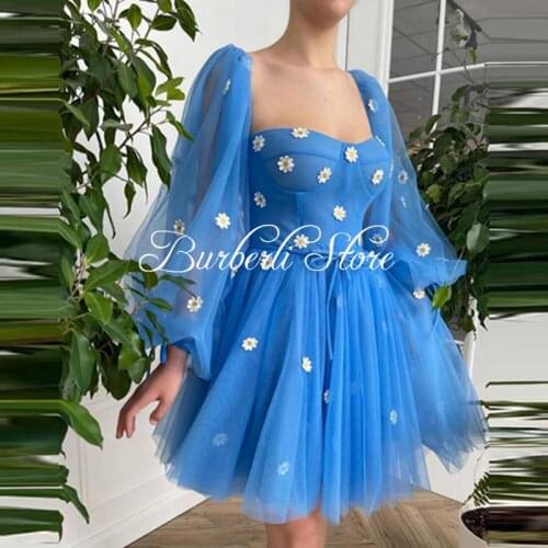 High Quality Blue Tulle Mini Dress With Illusion Puff Sleeves Beautiful Flower Ruffles Short Summer Girl Dresses Party Gowns