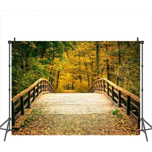 Neoback Autumn Photographic Background Forest Fallen Leaves Wooden Bridge Scencry Banner Decoration Photography Backdrop Studio