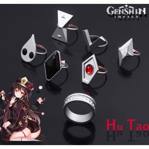 A Set Genshin Impact Hutao Cosplay Rings Game Characters Same Adjustable Metal Ring For Men Women Props Jewelry 7pcs With Box