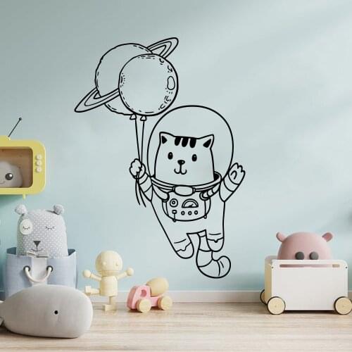 Cartoon Astronaut Cat Balloon Space Wall Sticker Kids Room Playroom Spaceman Cosmonaut Wall Decal Baby Nursery Vinyl Decor