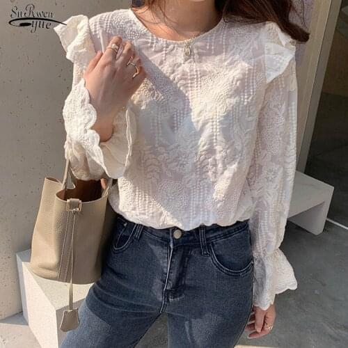 Autumn 2021 Casual Loose Crochet Lace Shirt Tops Flare Sleeve Ruffle Blouse Women O Neck Womens Clothing Blusas Elegant 16855