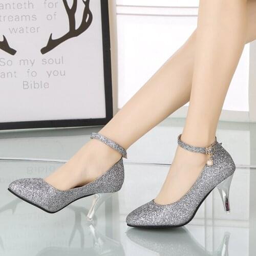 Sexy Women Shallow Shoes High Heels Spring Autumn Fashion Bling Ladies Wedding Pumps Ankle Strap Women Pumps plus size XC-93