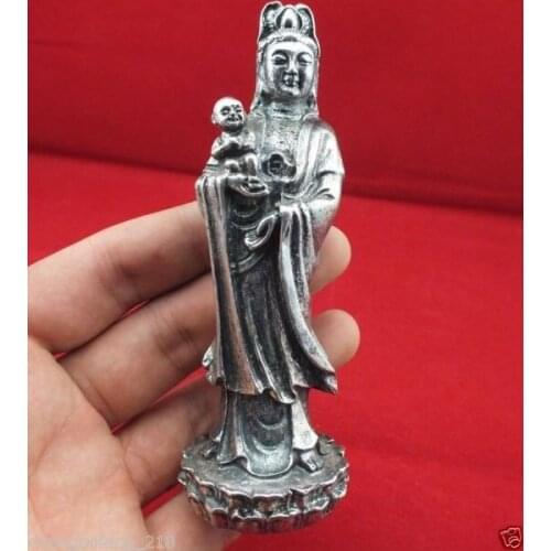 Elaborado chino antiguo tibetano plata favorable Kwan-Yin enviar estatua de bebé
