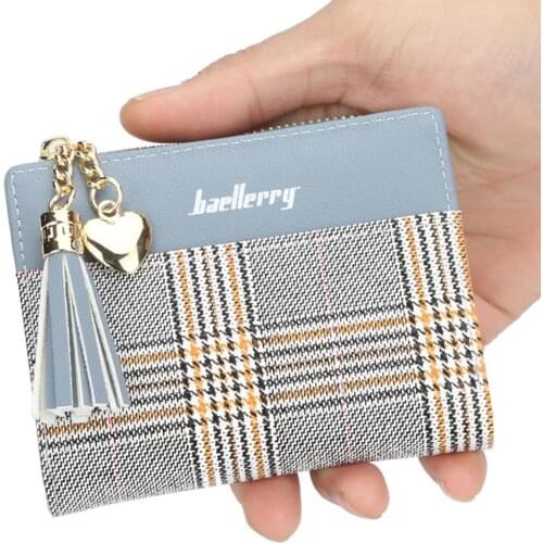 Female Lady Short Tassel Card Bag Ladys Short Zip Purse Striped Three-fold Change Wallet