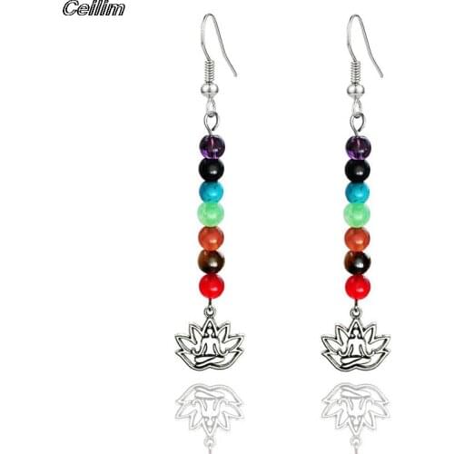 Natural Stone Pendant Earrings Crystal 7 Chakra Long Fringed Statement Drop Earrings For Women Beads Reiki Healing Jewelry Gift