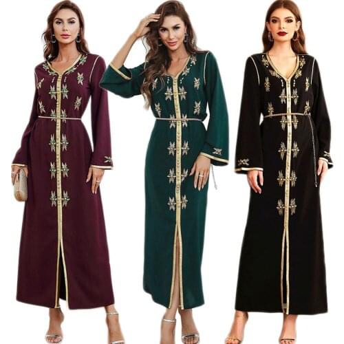Muslim Women Maxi Dress Rhinestone Arabic Kaftan Aabaya Islamic Turkish V-neck Robe V-neck Ramadan Turkish Gown Middle East New