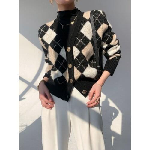 Women Retro Long-Sleeved Diamond Pattern Button Cardigan Sweater Plaid Loose-Fitting V-Neck Short Elastic Jacket Open Front Coat