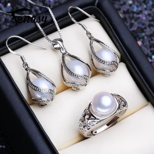 FENASY 925 Sterling Silver Jewelry Sets Natural Pearl Earrings For Women Cage Earrings Pendant Necklaces Fashion Adjustable Ring