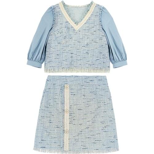 PERHAPS U Blue Patchwork Shirt V Neck Half Sleeve Empire Button Tweed Mini Skirt Two Piece Set Women T0276