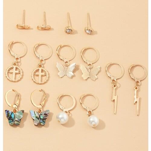 2020 Wholesale Niche Design Multi-element Lightning Cross Small Earring Set Abalone Butterfly Earrings