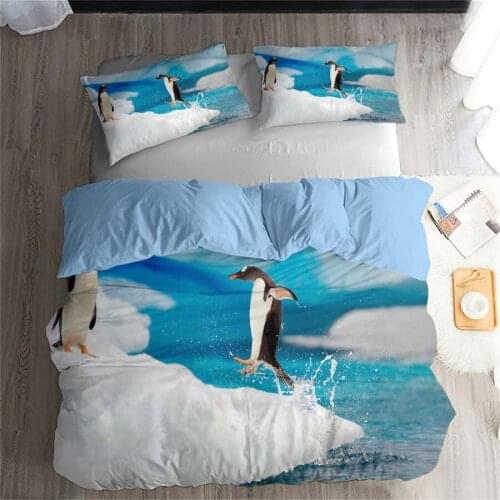 HELENGILI 3D Bedding Set Penguin Print Duvet Cover Set Lifelike Bedclothes with Pillowcase Bed Set Home Textiles #QE-12